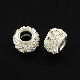 Polymer Clay Rhinestone Rondelle European Beads, with Silver Color Plated Brass Double Cores, 11~12x7~8mm, Hole: 4.5mm