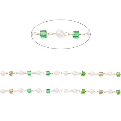 Cadenas de cuentas de perlas de imitación de plástico ABS y vidrio cubo facetado, con fornituras de oro claro 304 de acero inoxidable, soldada