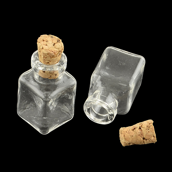 Bouteille en verre parallélépipède pour les conteneurs de perles, avec bouchon en liège, souhaitant bouteille, 25x14x14mm, Trou: 6mm