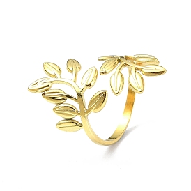 Ion Plating(IP) 304 Stainless Steel Open Cuff Ring, Leafy Branch