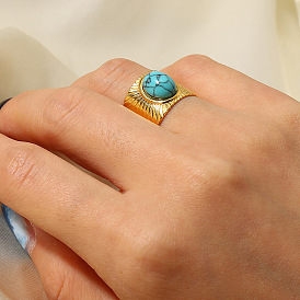 Adjustable Stainless Steel Ring with 18K Gold Plated Turquoise Swirl Logo - Women's Fashion Jewelry