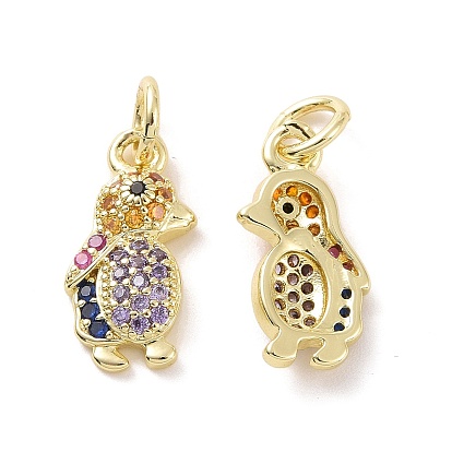 Brass Micro Pave Cubic Zirconia Pendants, with Jump Ring, Real 18K Gold Plated, Penguin Charms