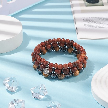 3 pcs 3 style image naturelle jaspe & bois & bracelets extensibles en hématite synthétique sertis de charme de lotus en alliage, bijoux en pierres précieuses pour femmes