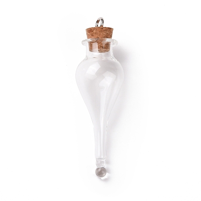 Colgantes de botella de corcho de vidrio en forma de lágrima, colgante de botella de los deseos de cristal vacío, con bucles de hierro tono platimen
