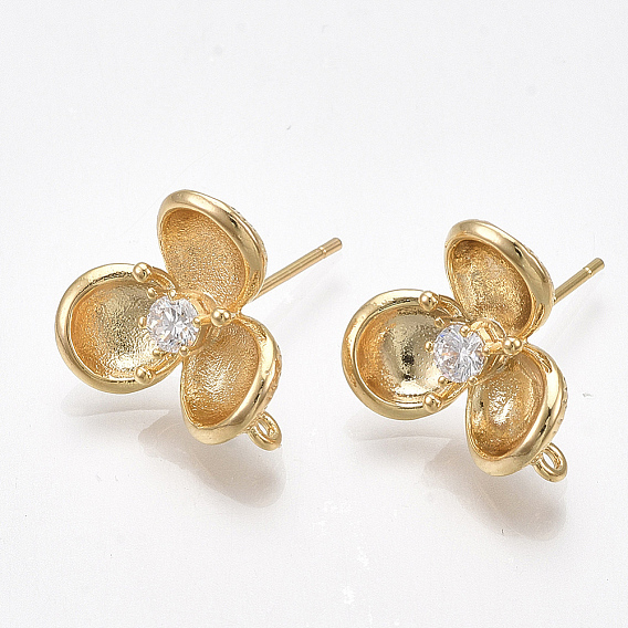 Brass Cubic Zirconia Stud Earring Findings, with Loop, Flower, Clear, Nickel Free