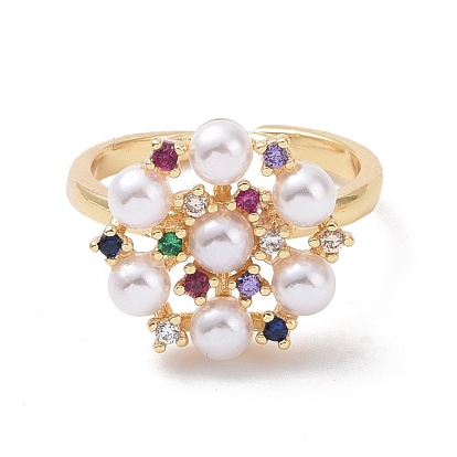 Colorful Cubic Zirconia Flower Open Ring with Acrylic Pearl Beaded, Brass Jewelry for Women, Cadmium Free & Lead Free