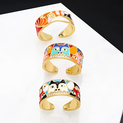 Enamel Dog Pattern Open Cuff Ring with Cubic Zirconia, Golden Brass Jewelry for Women