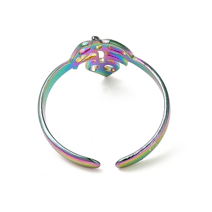 Revestimiento iónico (ip) 304 anillos de puño de acero inoxidable, anillos de dedo abiertos de hoja de monstera para mujeres y hombres