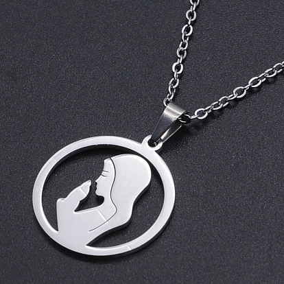 201 Stainless Steel Pendants Necklaces, with Cable Chains and Lobster Claw Clasps, Flat Round with Woman