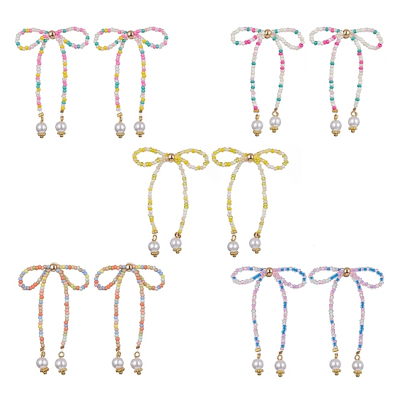Seed Beaded Bowknot Dangle Stud Earrings with ABS Plastic Pearl Beaded, Brass Earrings