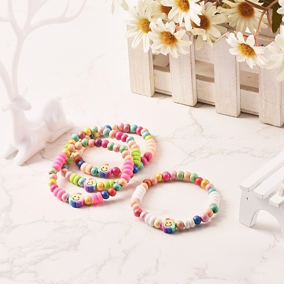 Детские браслеты из натурального дерева круглые бусины стрейч, ручной работы с полимерной глины бусы, цветок с улыбкой