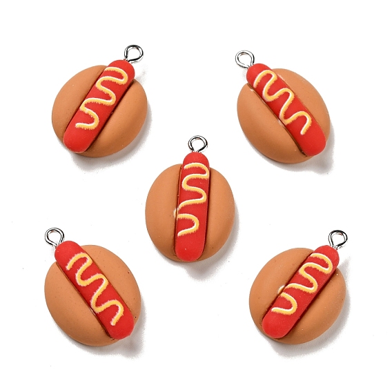 Pendentifs en résine opaque, charme de hot-dog, nourriture imitation, avec boucles en fer couleur platine