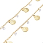 Handmade Brass Curb Chains, Soldered, with Flat Round Coin Charm, Clear Cubic Zirconia and Spool, Long-Lasting Plated