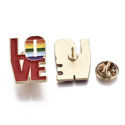 Alloy Brooches, Enamel Pin, with Brass Butterfly Clutches, Word LOVE, Light Gold