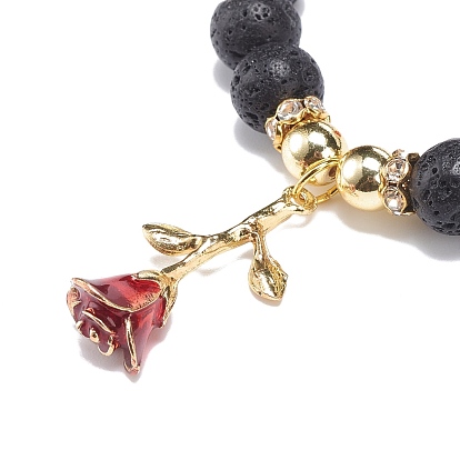 Bracelet extensible en pierre de lave naturelle et hématite synthétique, alliage émail rose de vie bracelet à breloques pour femme