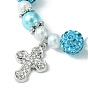 Cross Alloy Rhinestone Pendant Bracelet for Women, Glass Pearl & Polymer Clay Rhinestone Braided Bead Bracelets