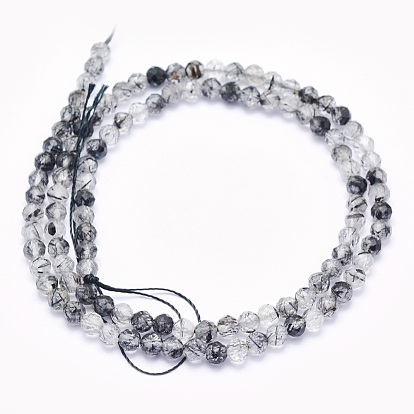 Natural Black Rutilated Quartz Beads Strands, Round, Faceted