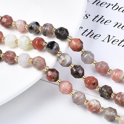 Natural Plum Blossom Jasper Beads Strands, with Seed Beads, Faceted Bicone Barrel Drum