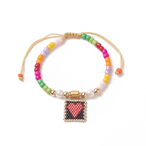 Glass Seed Braided Bead Bracelet, Rectangle with Heart Charm Bracelet for Women