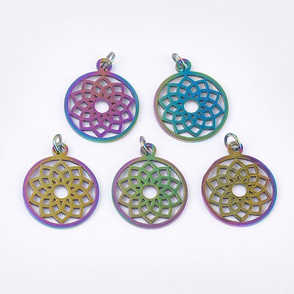 Ion Plating(IP) 201 Stainless Steel Pendants, with Jump Rings, Chakra, Sahasrara, Ring with Flower