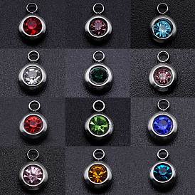 Rhinestone Charms, Birthstone Charms, with 201 Stainless Steel, Flat Round