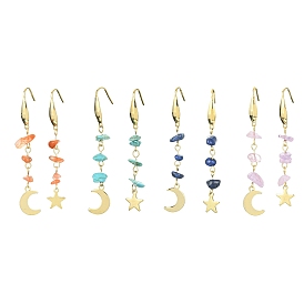 4 Pairs 4 Style Moon & Star 304 Stainless Steel Dangle Earrings, Gemstone Chip Beaded Earrings for Women