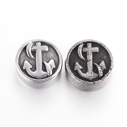 304 Stainless Steel Beads, Flat Round with Anchor