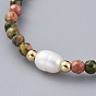 Gemstone Beads Stretch Bracelets, with Brass Beads and Natural Pearl Beads