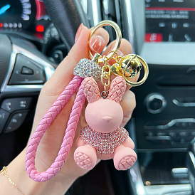 Cute Cartoon Bunny Keychain with Rhinestones and Braided Rope for Car Keys, Fashionable Couple Gift