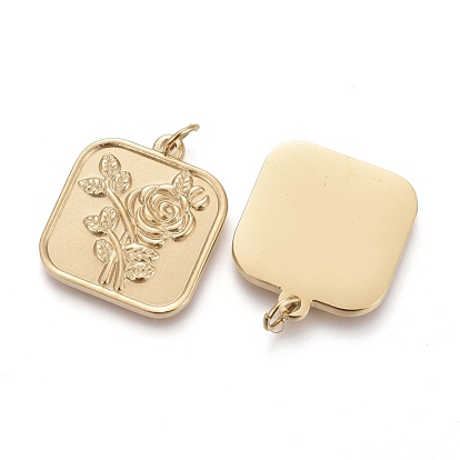 Valentine's Day Ion Plating(IP) 304 Stainless Steel Pendants, with Jump Rings, Square with Rose