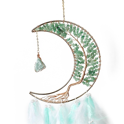 Copeaux d'aventurine verte naturelle arbre de vie perlé lune avec des décorations de pendentifs en plumes, avec les accessoires en fer, pour l'ornement de la maison de jardin