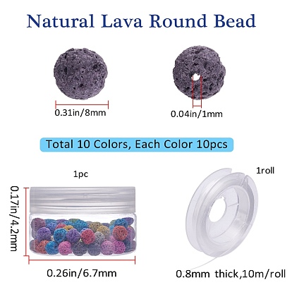 SUNNYCLUE Natural Lava Rock Dyed Beads, with Elastic Thread, Round