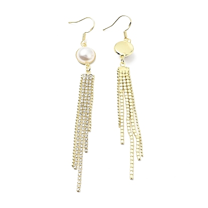 Resin Imitation Pearl with Crystal Rhinestone Dangle Earrings, Brass Long Tassel Drop Earrings for Women