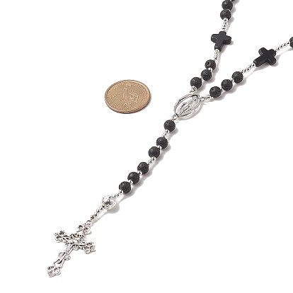 Ожерелье из четок из натуральной лавы и синтетической бирюзы, ожерелье из сплава Девы Марии и креста для женщин