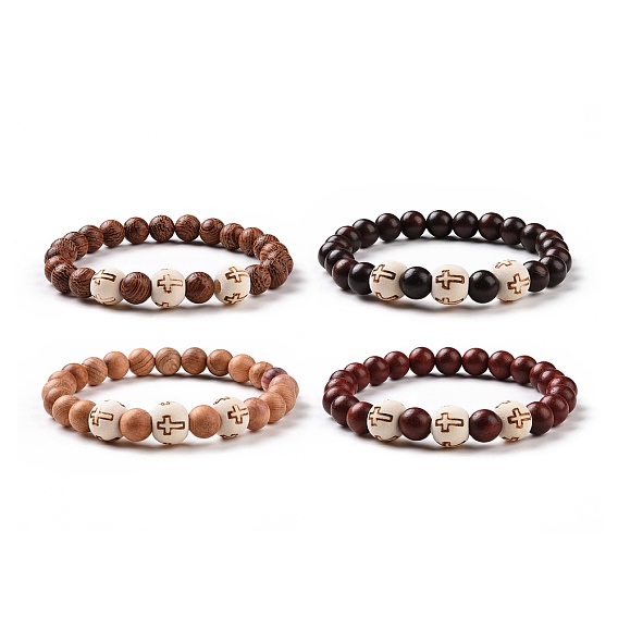 4 Ensemble de bracelets extensibles en perles de bois à motif croisé pour femmes et hommes