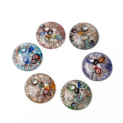 Handmade Silver Foil Lampwork Big Pendants, with Gold Sand, Flat Round, Mixed Color, 50x9mm, hole: 9mm