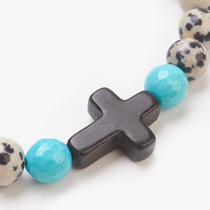 Synthetic Turquoise(Dyed) Beads Stretch Bracelets, with Natural Gemstone Beads, Round and Cross