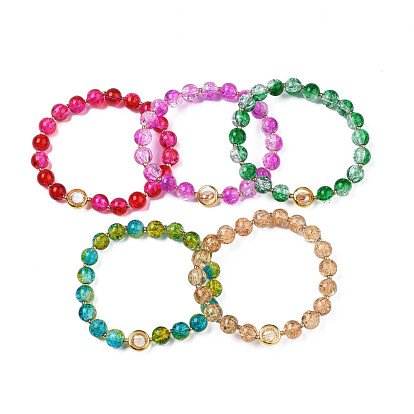 Bracelet extensible en perles de verre rondes avec anneau en laiton plaqué or pour femme