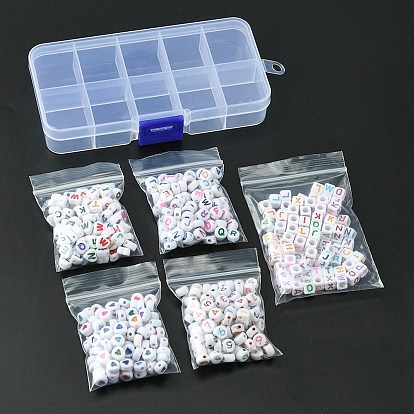 500pcs 5 styles perles acryliques blanches opaques, cube/plat rond/coeur
