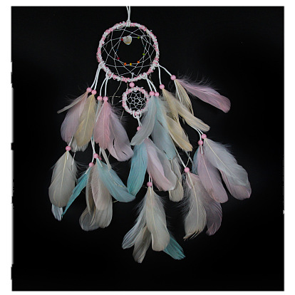 Feather Pendant Decoration with Plastic Beaded, Woven Net/Web with Feather, Art Hanging Decors for Garden Window Party