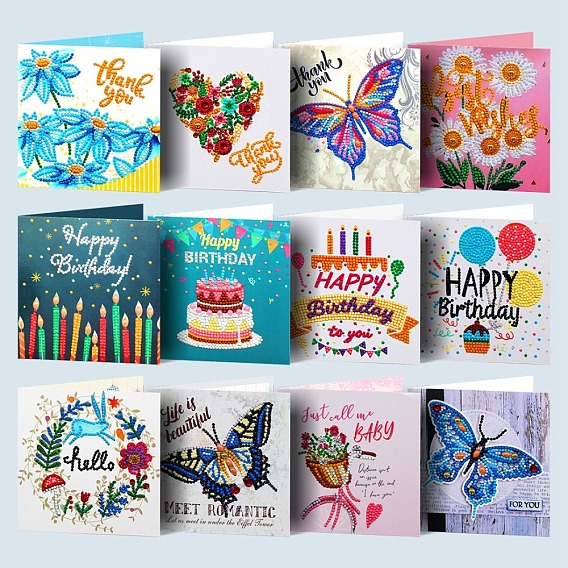 DIY Birthday Theme Diamond Painting Greeting Card Kits, including Paper Card, Paper Envelope, Resin Rhinestones, Diamond Sticky Pen, Tray Plate and Glue Clay