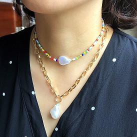 Handmade French Style Mixed Color Pearl Necklace for Women with Metal Lock Collar Chain