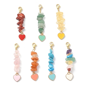 Natural & Synthetic Gemstone Chip Beaded Pendant Decorations, Heart Alloy Enamel and 304 Stainless Steel Lobster Claw Clasps Charm
