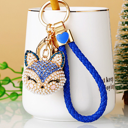 Full Rhinestone Pearl Fox Head Pendant Keychain, with Zinc Alloy Findings and Polyester Cord, for Women's Bag Pendant Decorations