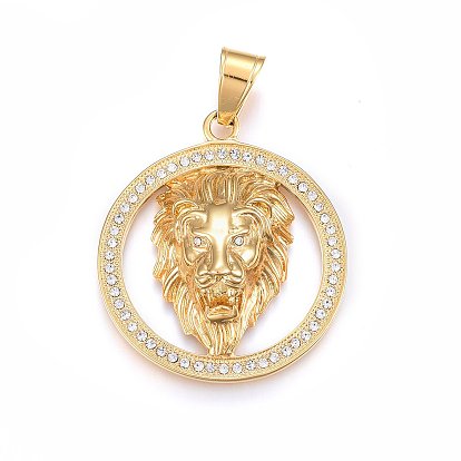 304 Stainless Steel Pendants, with Rhinestone, Flat Round with Lion, Crystal
