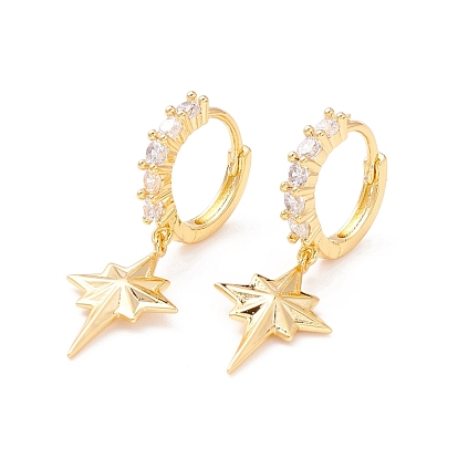 Star Dangle Huggie Hoop Earrings, Real 18K Gold Plated Brass Cubic Zirconia Drop Earrings for Women