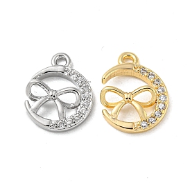 Brass Micro Pave Cubic Zirconia Charms, Moon with Bowknot