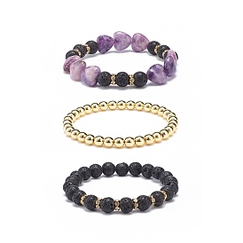 3Pcs 3 Style Heart Natural Purple Mica Stone & Lava Rock & Synthetic Hematite Beaded Stretch Bracelets Set, Essential Oil Gemstone Jewelry for Women