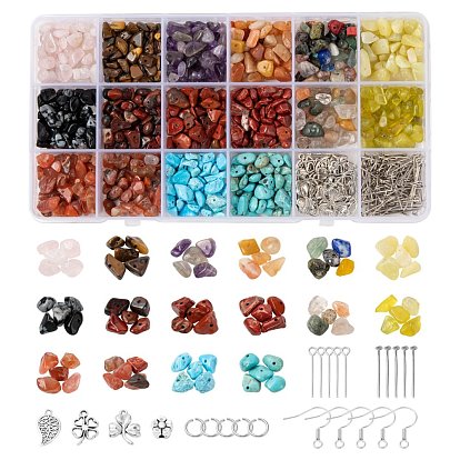 Kit de fabrication de bijoux en perles de pierre mélangées à faire soi-même, y compris les perles de copeaux de pierre mélangées naturelles et synthétiques, pendentif et perle en alliage, crochet de boucle d'oreille en laiton et anneau de saut, fil de cuivre, Fer Pin, Fil cristal
