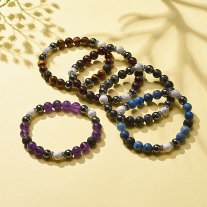 Bracelet extensible en perles rondes avec pierres précieuses naturelles et pierre de lave et howlite et hématite synthétique, bijoux en pierres précieuses pour femmes